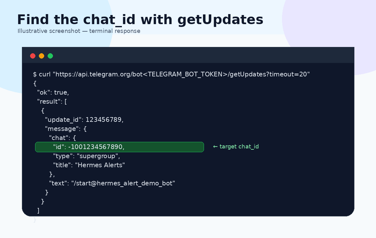 Illustrative getUpdates response showing chat id